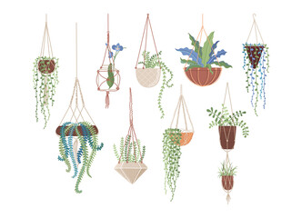 Fototapeta na wymiar Houseplants in hanging pots flat vector illustrations set