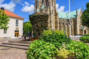 View at the square in the city Skara in Sweden, with the famous cathedral