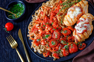 Grilled chicken fillet with whole wheat linguine