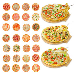 Collection with small pizzas. 31 types of pizzas. Isolated image on a white background.