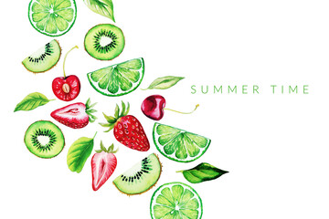 Watercolor fruits, flat lay background, hand drawn vector