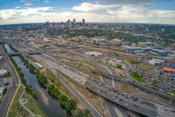 Aerial View of Denver skyline with Traffic on Rainy Day