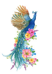 Beautiful Peacock and flowers  Watercolor  - 357772359
