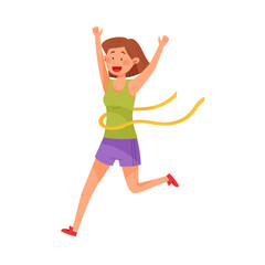 Happy Woman Character in Sportswear Running and Crossing Finishing Line Vector Illustration