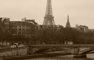 2014-01-12 Paris, France, Europe. Alexander III bridge and Eiffel tower. Monochrome photo. Sepia tone.