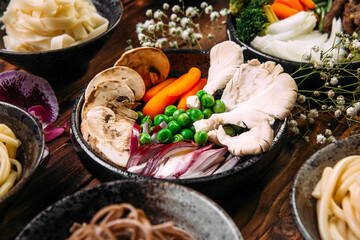 Ingredients asian cuisine mushroom pea baby carrot