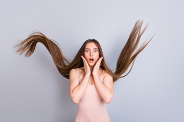 Portrait of her she nice attractive lovely pretty charming well-groomed amazed brown-haired girl...