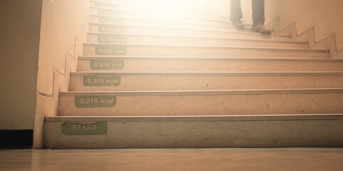 Walking up the stairs to lose weight, Walking up to goal, with vintage filter