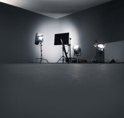 Interior of a photography studio with professional equipment. Copyspace in the photo.