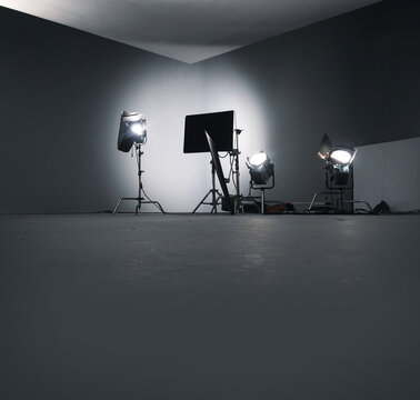 Interior of a photography studio with professional equipment. Copyspace in the photo.