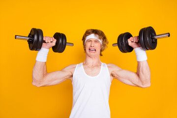 Fototapeta na wymiar Close-up portrait of his he nice attractive funky gloomy guy sportsman lifting heavy barbell doing work out crying healthy life regime isolated over bright vivid shine vibrant yellow color background
