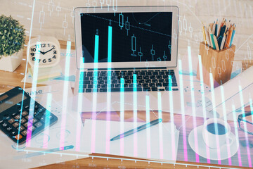 Financial market graph hologram and personal computer on background. Multi exposure. Concept of forex.