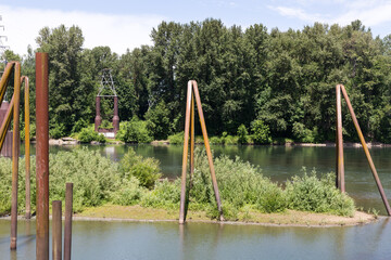 Fototapeta premium Willamette river in Albany, Oregon, in sunny summer day. View in Monteith Riverpark
