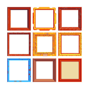 Set of gallery picture frames. Wooden and gold baguette. Pixel art style. Isolated vector illustration