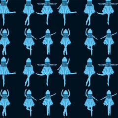 Seamless pattern blue ballerinas in a shuttlecock dress dancing in different poses on a dark blue background cartoon vector