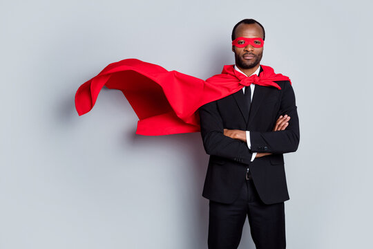Brave courage afro american man day he agent collar night strong superman cross hands ready save world wear red costume blazer pants tuxedo tie isolated gray color background