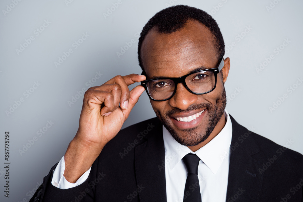 Wall mural close-up portrait of nice attractive cheerful cheery bearded guy banker economist employee touching 