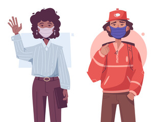Young hipster man and woman wearing medical protective masks