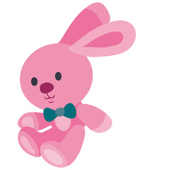 cute pink hare toy sitting on the floor, flat, isolated object on a white background, vector illustration,