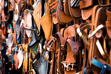 Fototapeta na wymiar Market shoes in Medina. Marrakech, beautiful stilllife with leather shoes
