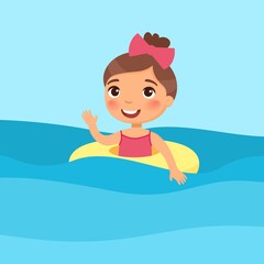 Girl swimming with inflatable ring flat vector illustration. Beautiful child having fun in water, waving hand. Cheerful kid in swimsuit enjoying summer activities color cartoon character