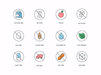 Badge Ingredient Warning Label Icons. Gluten, Lactose and Sugar Free Labels.
