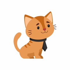 Cat in elegant tie flat vector illustration. Cute kitten in old fashioned costume cartoon character. Funny cat sitting isolated on white background. Domestic animal