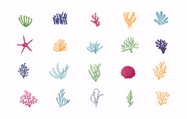 Sea plants and aquarium seaweed vector set.