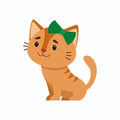 Cute red cat flat vector color illustration. Adorable kitten with green bow on head. Sitting funny domestic animal, kitten. Cartoon pet isolated on white background