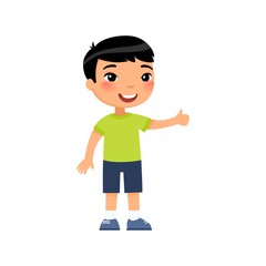 Little asian boy showing thumbs up gesture color flat vector illustration. Happy cute kid. Smiling toddler, preteen child cartoon character isolated on white background