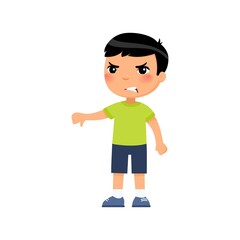 Little asain boy showing thumb down gesture flat vector illustration. Upset child standing alone cartoon character. Person negative emotion, disagreement expression isolated on white background