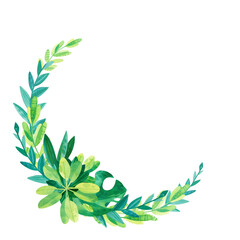 Empty tropical leaves frame with hand drawn illustration.  Jungle watercolor drawing. Cartoon green cliparts on white background. Blank frame with green compositionisolated on white background