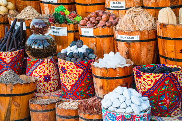 A set of stones, minerals, vegetables and spices in a classic oriental market