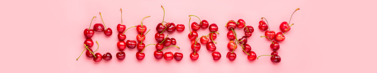 text from sweet organic berries of cherry isolated on trendy pink background Top view Flat lay Summer harvest concept Banner