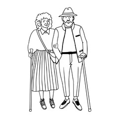 Vector outline illustration of old people walking, isolated on white background