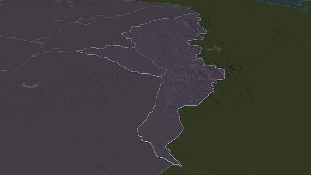 Manicaland, province with its capital, zoomed and extruded on the administrative map of Zimbabwe in the conformal Stereographic projection. Animation 3D