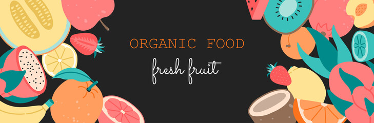 Organic food banner, hand drawn fresh, tropical fruits in a flat style. Vector illustration, isolated elements on black background