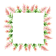 Wedding invitation card with sprigs of green and pink leaves. Hand-drawn illustration.