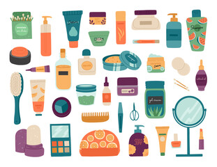 A set of cosmetics for skin care, flat hand drawn concept of makeup objects, cream and gel. Vector illustration in flat cartoon style. 