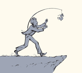 Man chasing money over a precipice. Vector drawing
