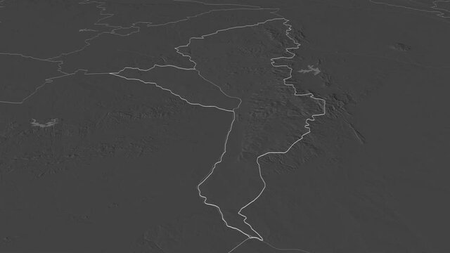 Manicaland, province with its capital, zoomed and extruded on the bilevel map of Zimbabwe in the conformal Stereographic projection. Animation 3D