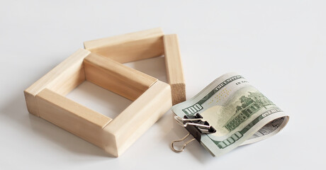 Business concept, property insurance, home rental, home office, on white background from wooden blocks, cubes.