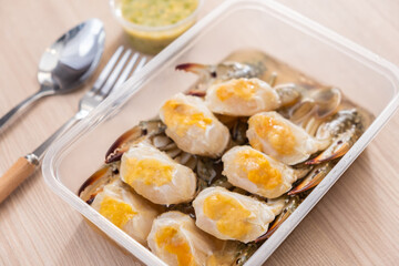 Crab in Fish-Sauce Marinated. Wooden background. Ready to eat
