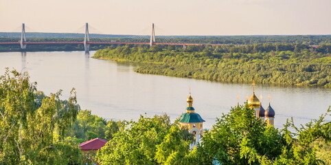 Top view of  ancient Russian city of Murom and  Oka River