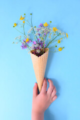 Bouquet of wild flowers in a waffle cone. Summer concept.