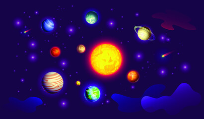 Outer space, solar system with planets in the starry sky. Design for banner, poster. Stock vector illustration.