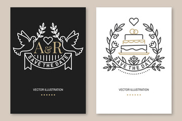 Wedding invitation card template. Vector. Thin line geometric badge. Outline icon for save the date invitation card design. Modern minimalist design with wedding bird and leaf decor