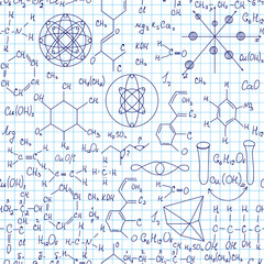 Chemistry vector seamless pattern with handwritten chemical formulas, equations and calculations, writings on a grid copybook paper