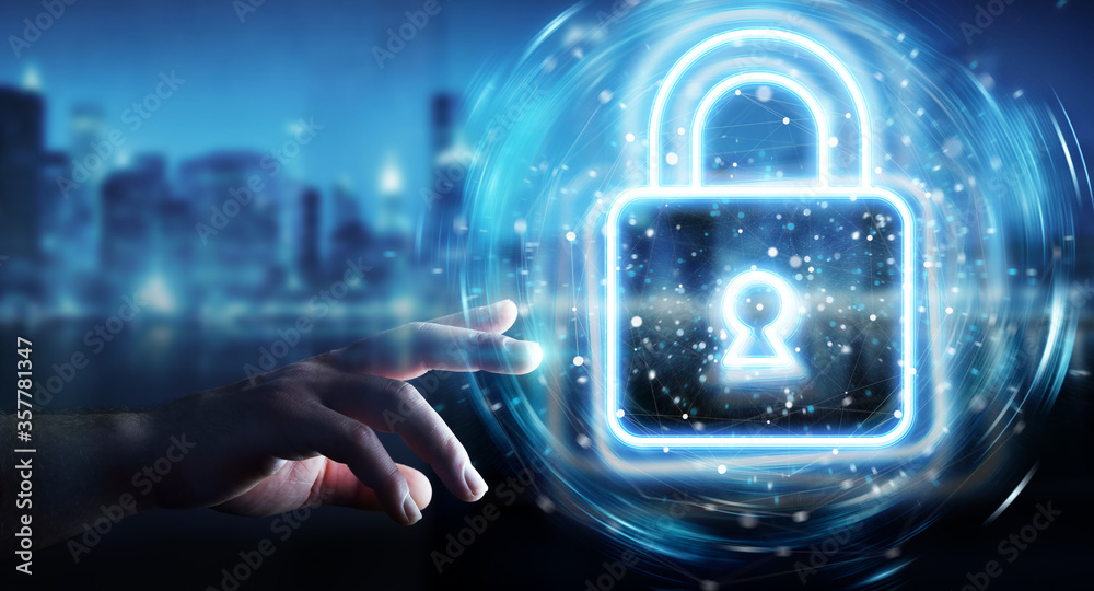 Aufkleber Man hand using digital web protection blue holographic interface 3D rendering