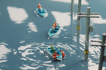 水害にあった街と救命ボートで救助活動をするジオラマの風景